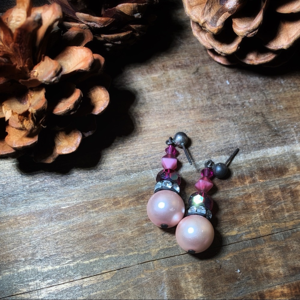Pink Faux Pearl & Glass Bead Dangle Earrings